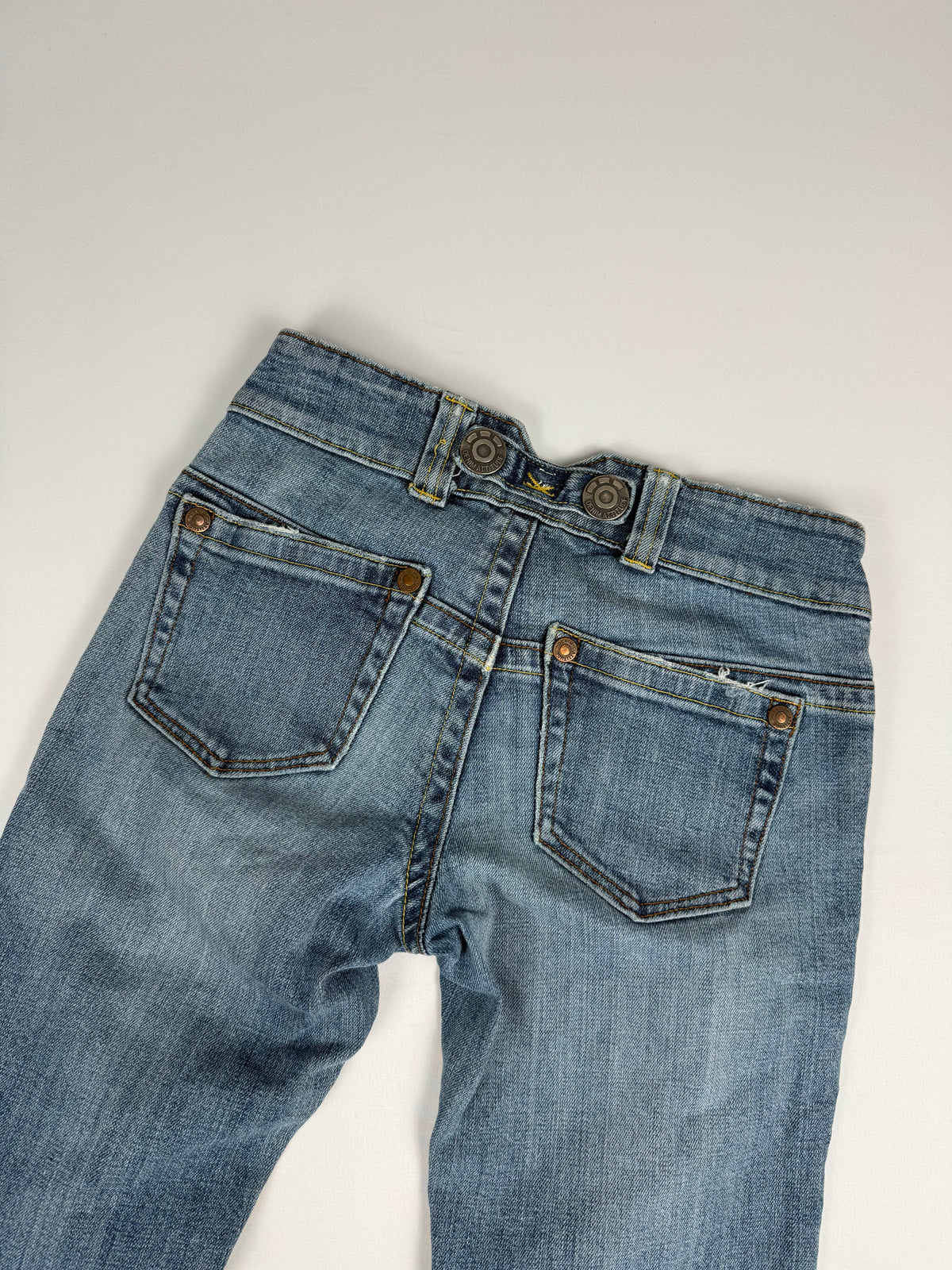 Blue denim low rise flare pants (S)