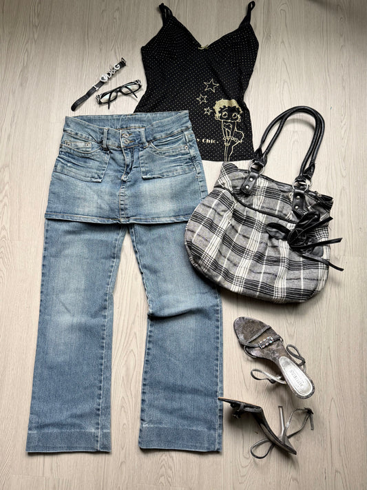 Blue denim 2 in 1 low rise pants + mini skirt (XS)