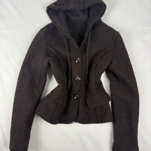 Brown hooded 100% wool tight fit jacket (S)