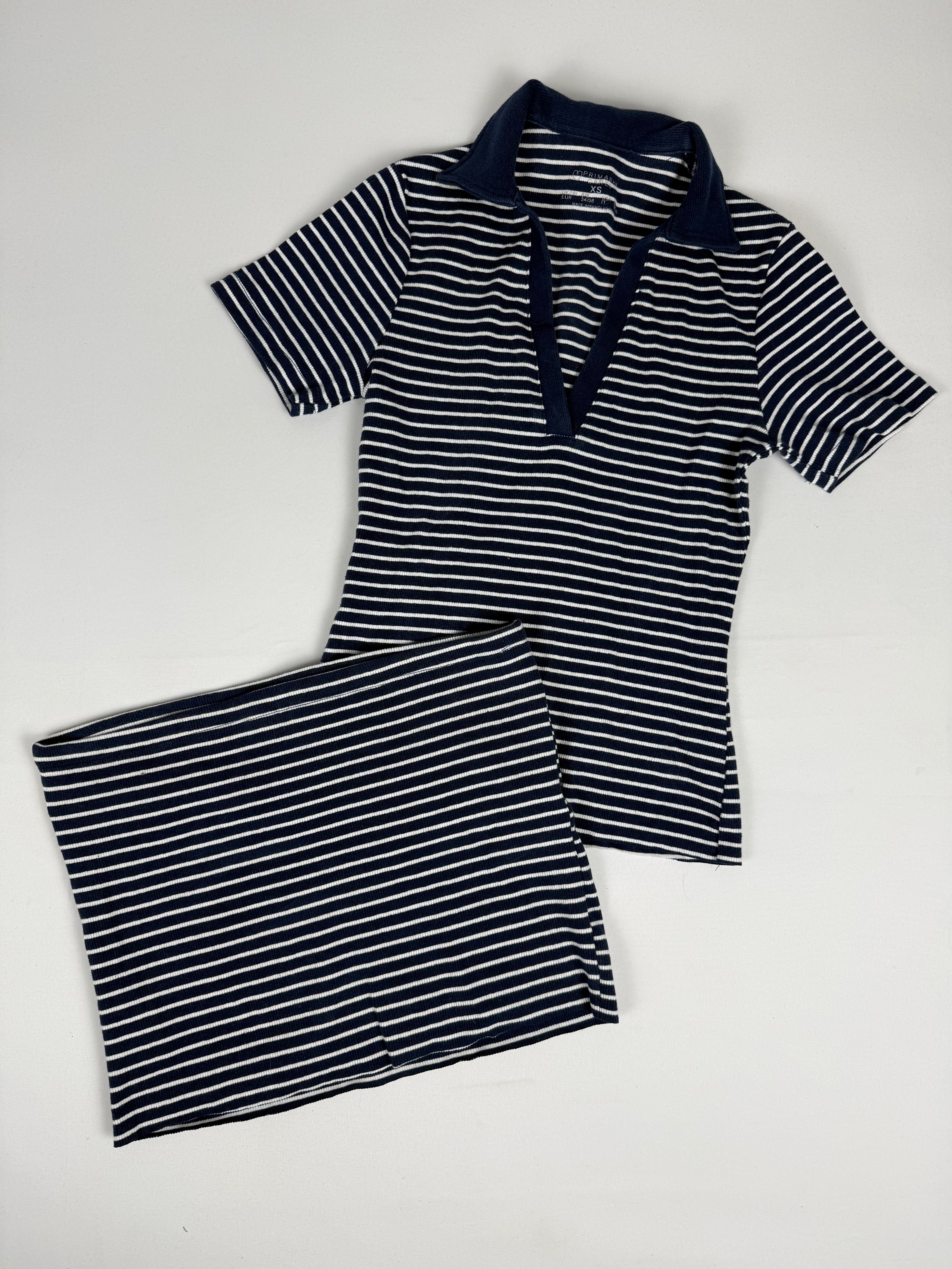 Navy striped cotton tee + mini skirt set (S)