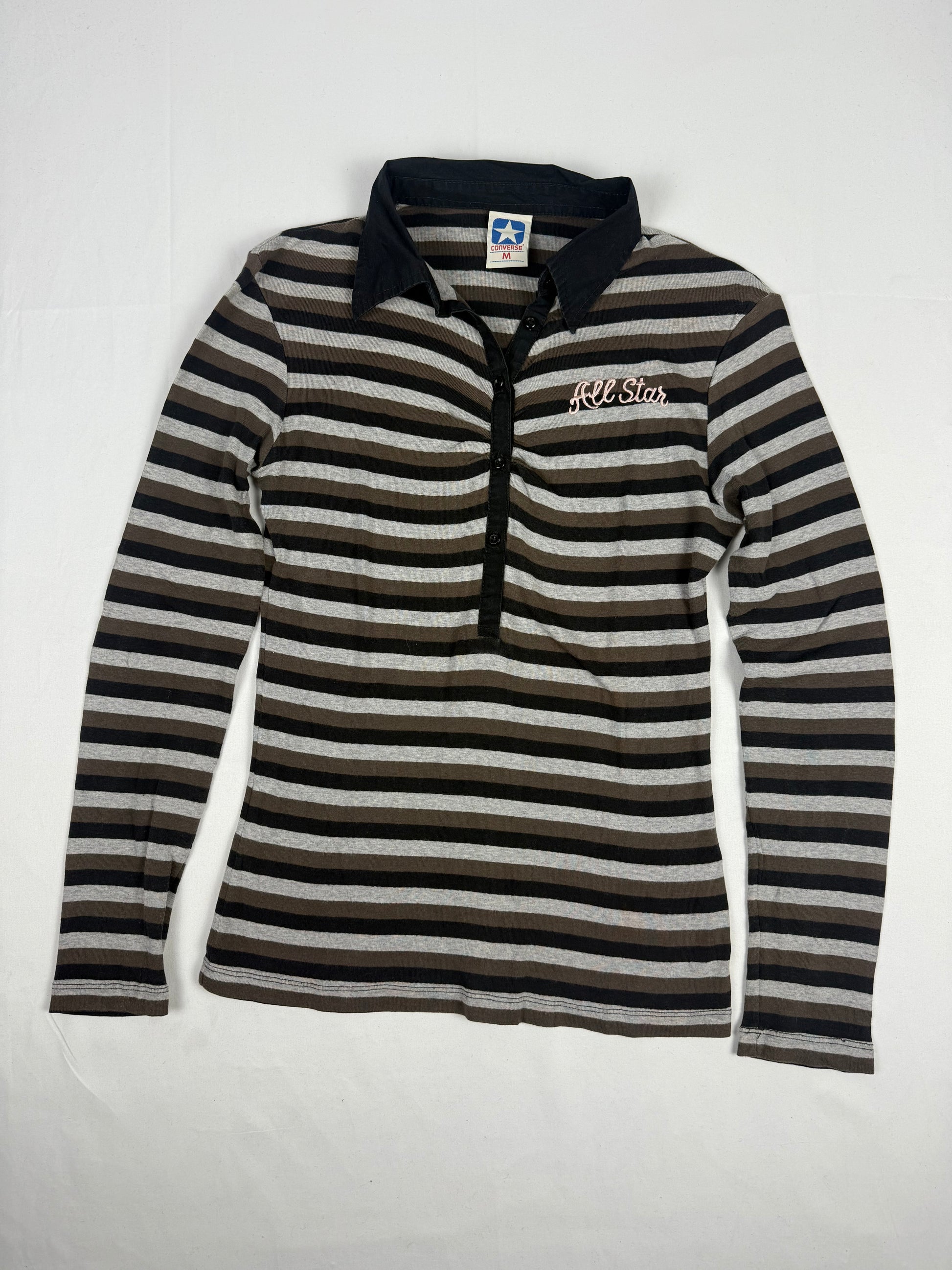 Beige striped cotton polo long sleeves top (S/M)