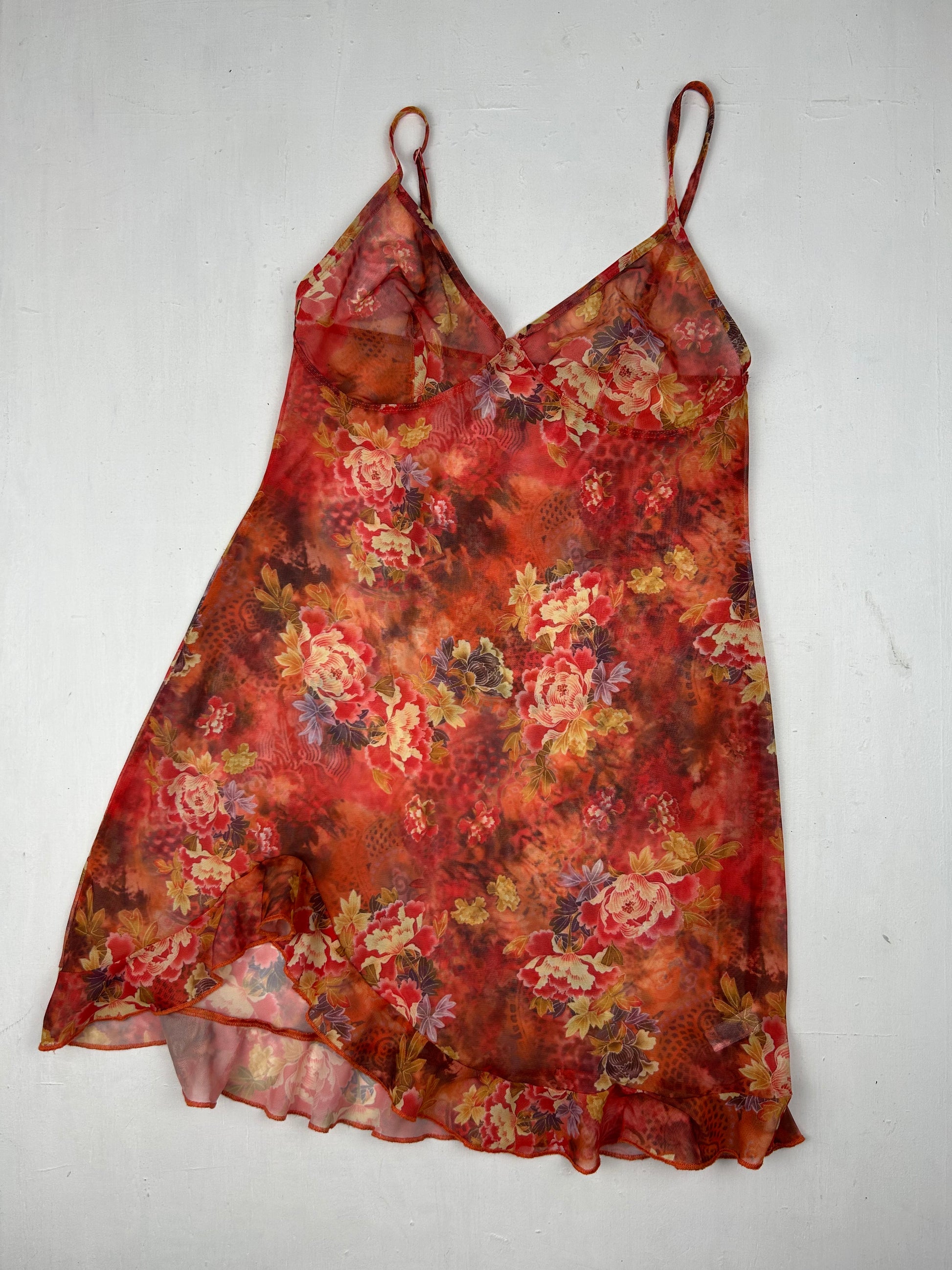 Orange floral mesh see trough babydoll mini dress + thong (S/M)