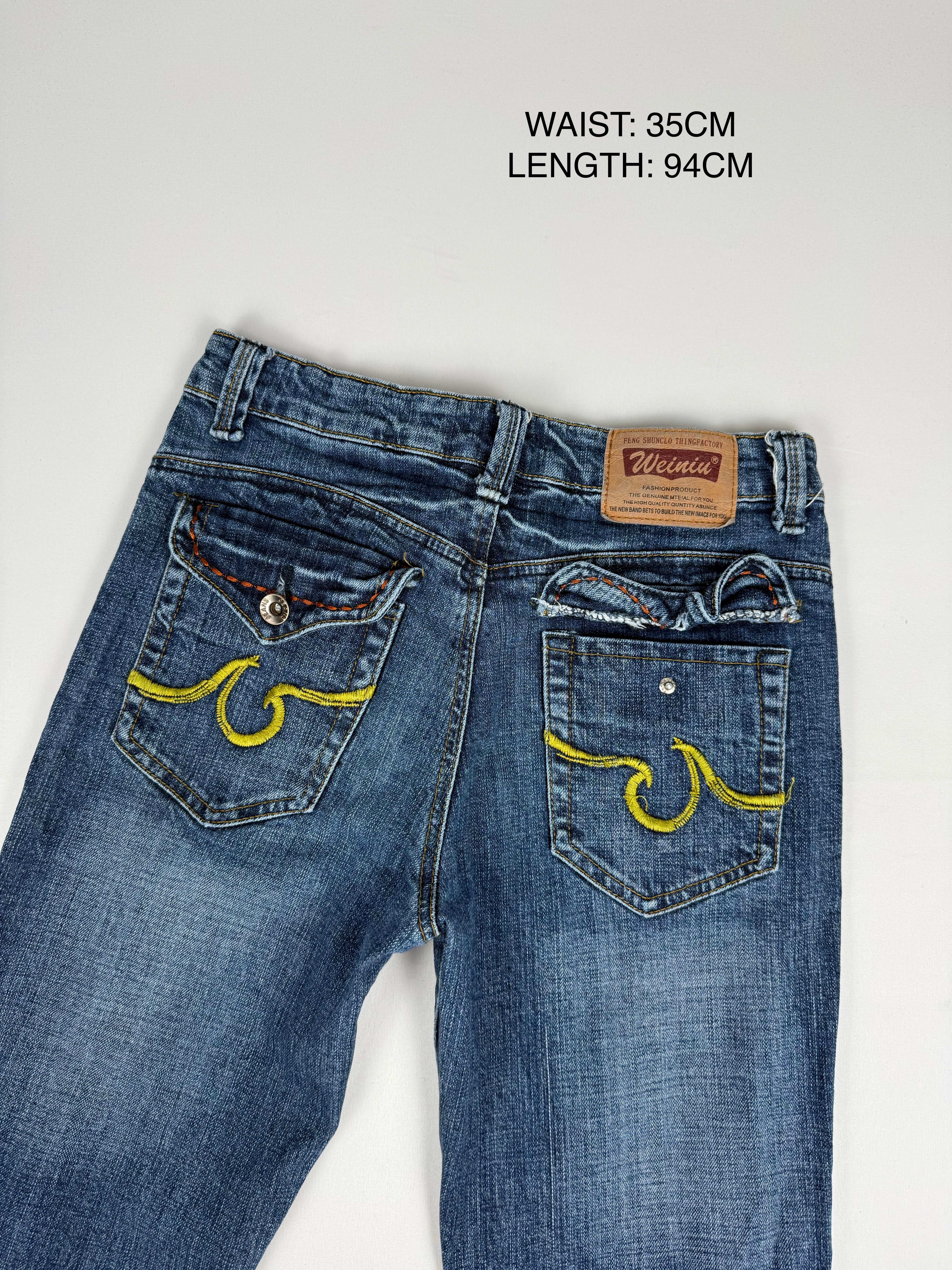 Blue denim low rise bootcut pants (XS)