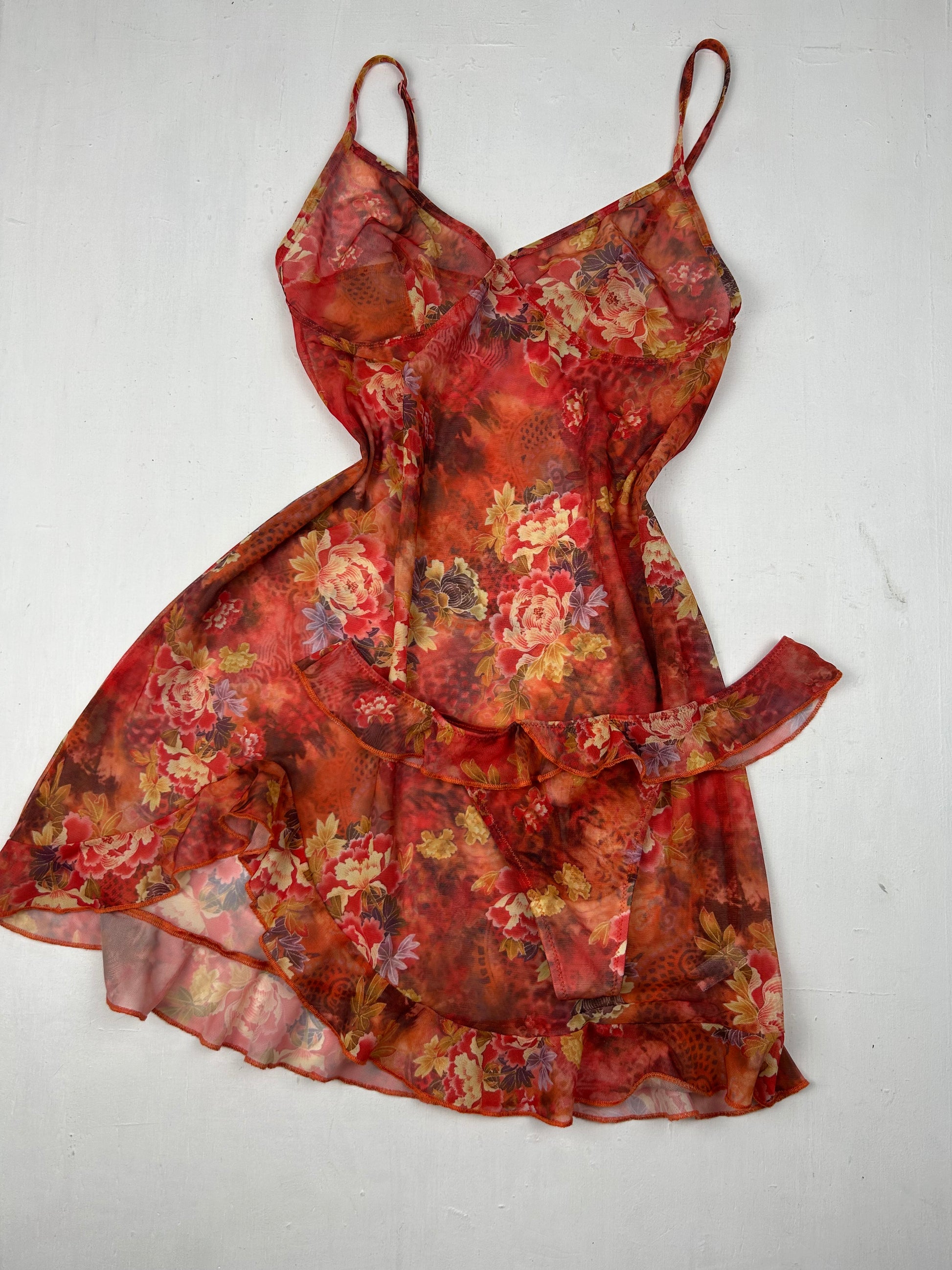 Orange floral mesh see trough babydoll mini dress + thong (S/M)
