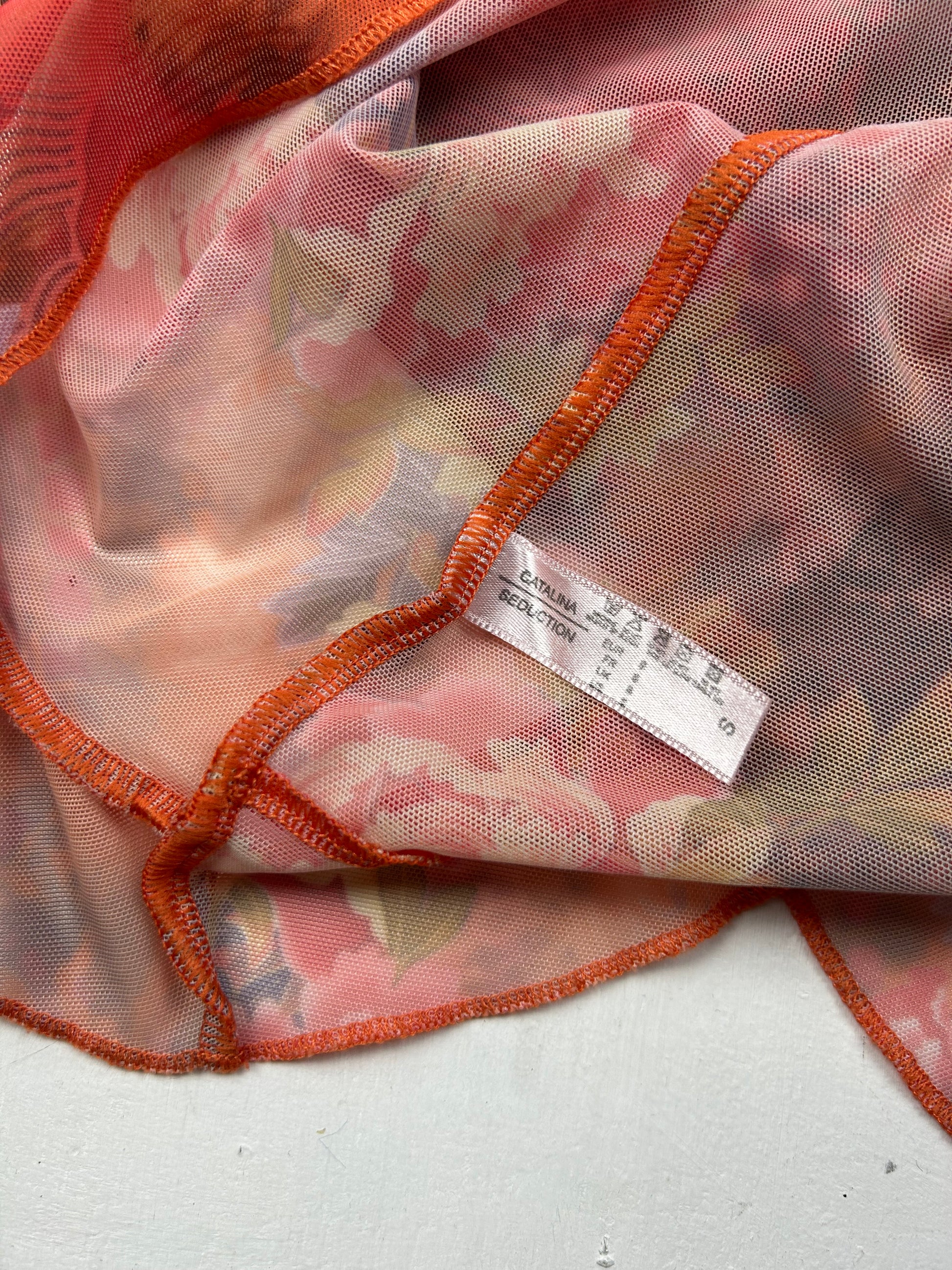 Orange floral mesh see trough babydoll mini dress + thong (S/M)