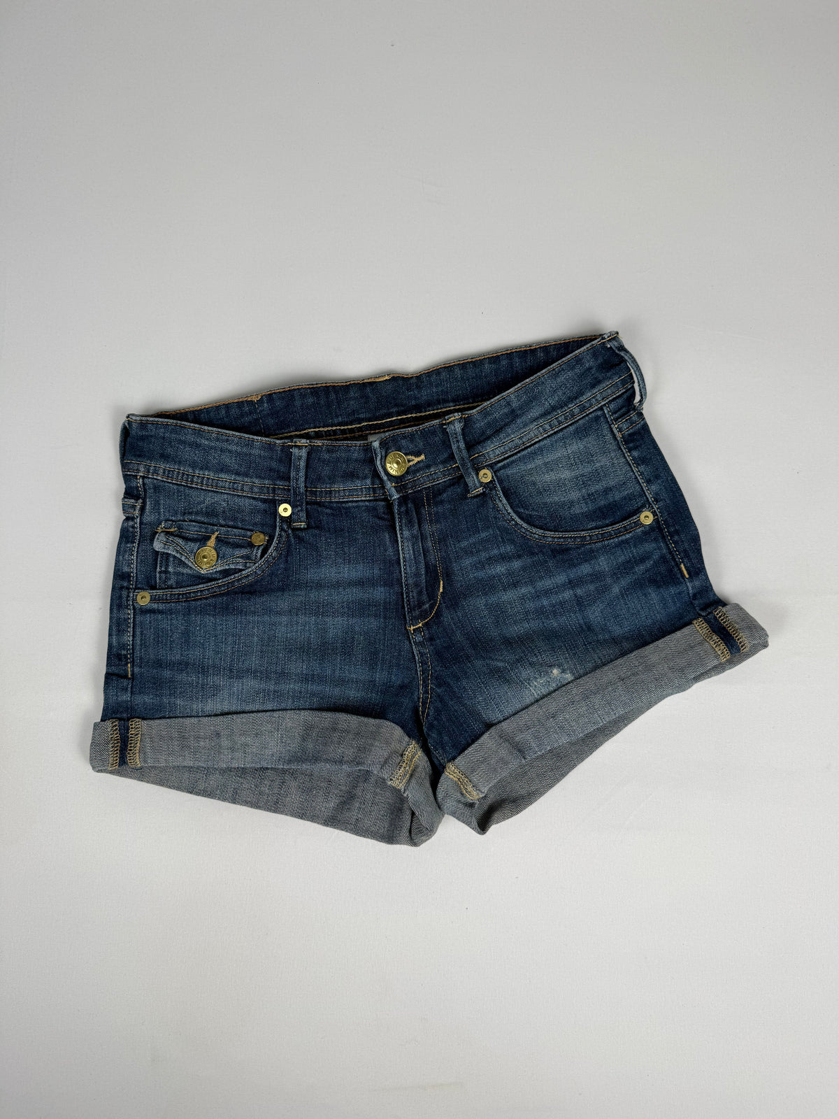 Blue denim low rise mini short (XS)