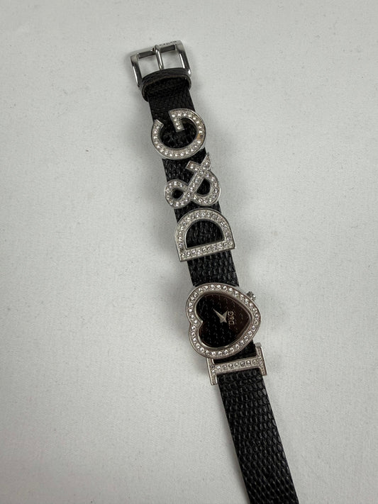 Vintage rhinestones black leather jewelry watch