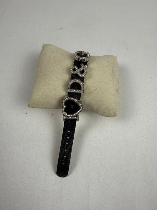 Vintage rhinestones black leather jewelry watch