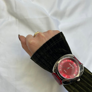 Vintage red leather inox bracelet jewelry watch