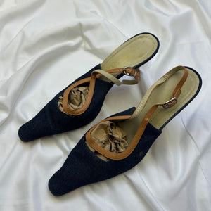 Navy denim pointed toes kitten heels shoes (38)