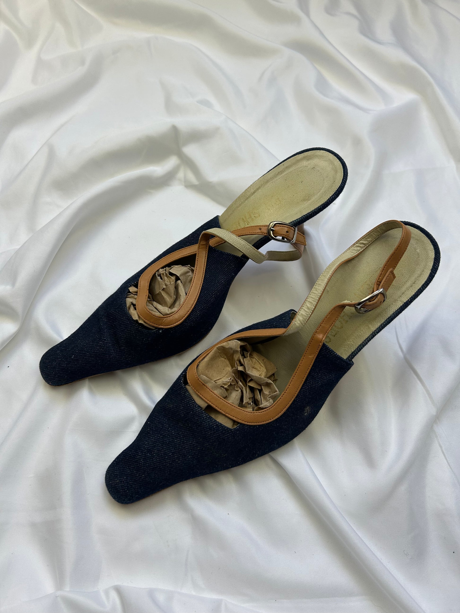 Navy denim pointed toes kitten heels shoes (38)