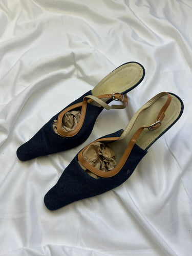 Navy denim pointed toes kitten heels shoes (38)