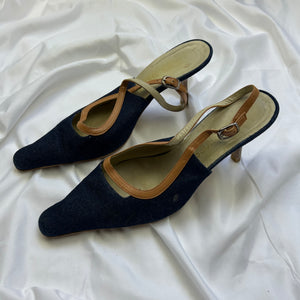 Navy denim pointed toes kitten heels shoes (38)
