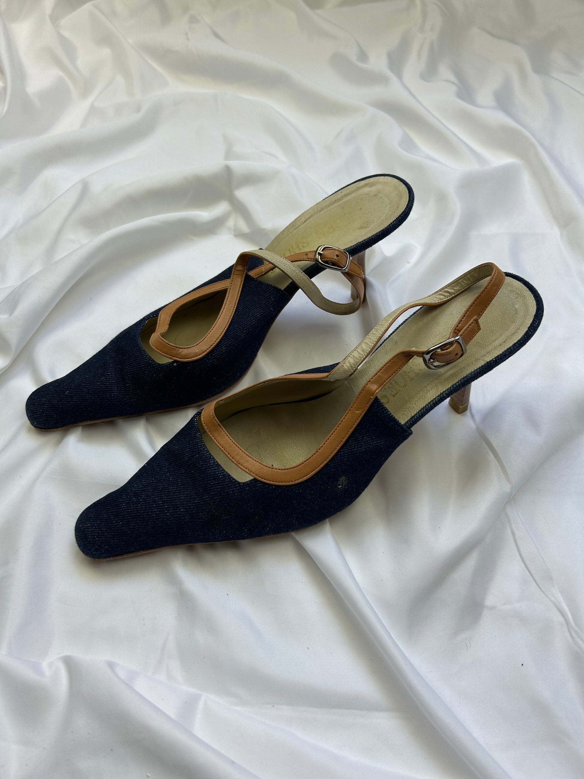 Navy denim pointed toes kitten heels shoes (38)