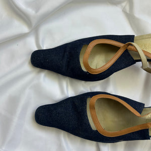 Navy denim pointed toes kitten heels shoes (38)