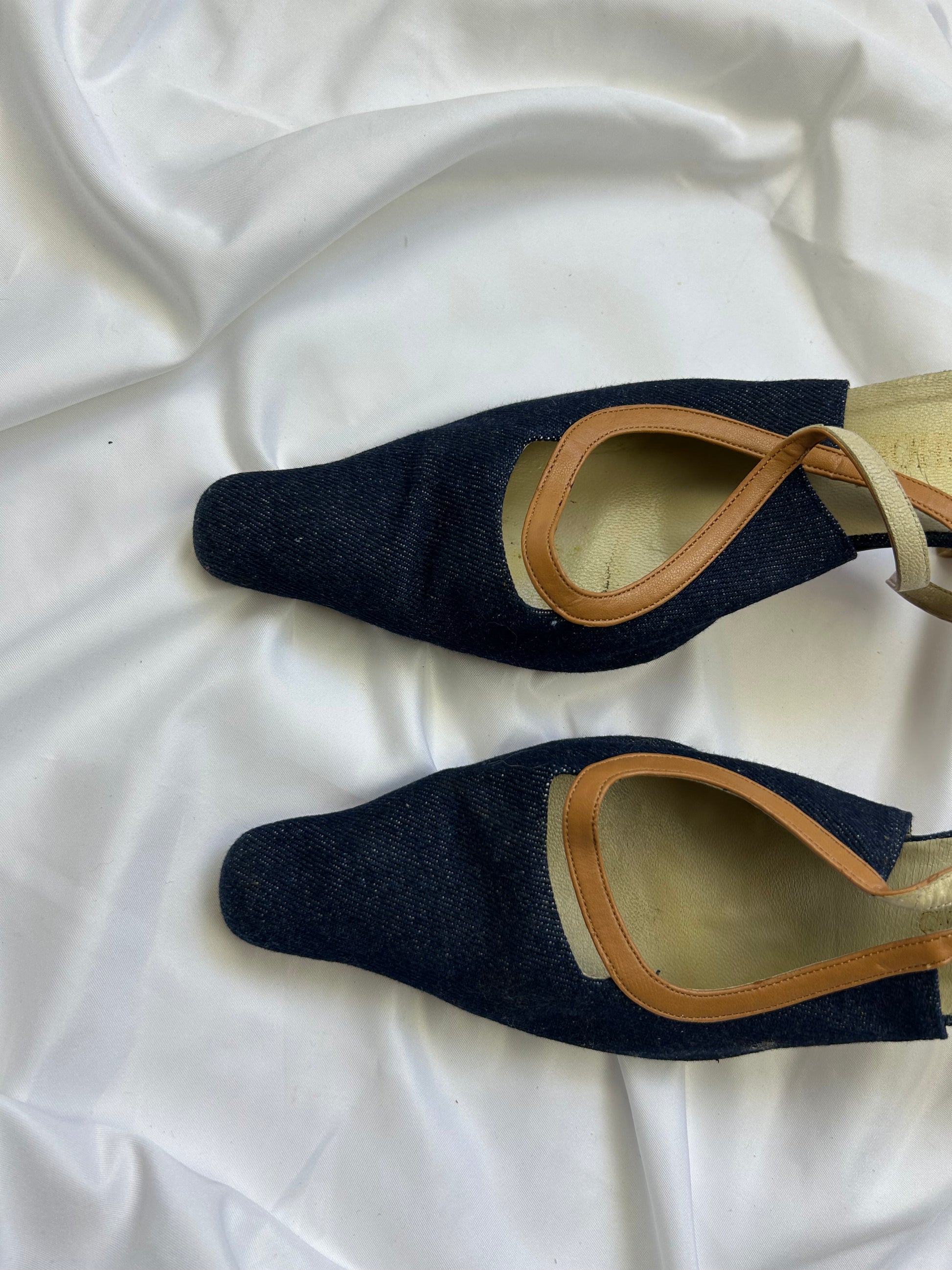 Navy denim pointed toes kitten heels shoes (38)