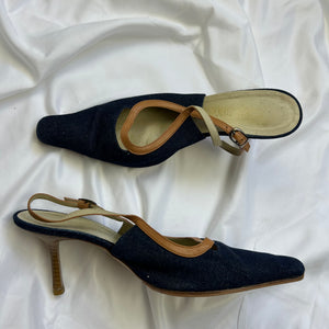 Navy denim pointed toes kitten heels shoes (38)