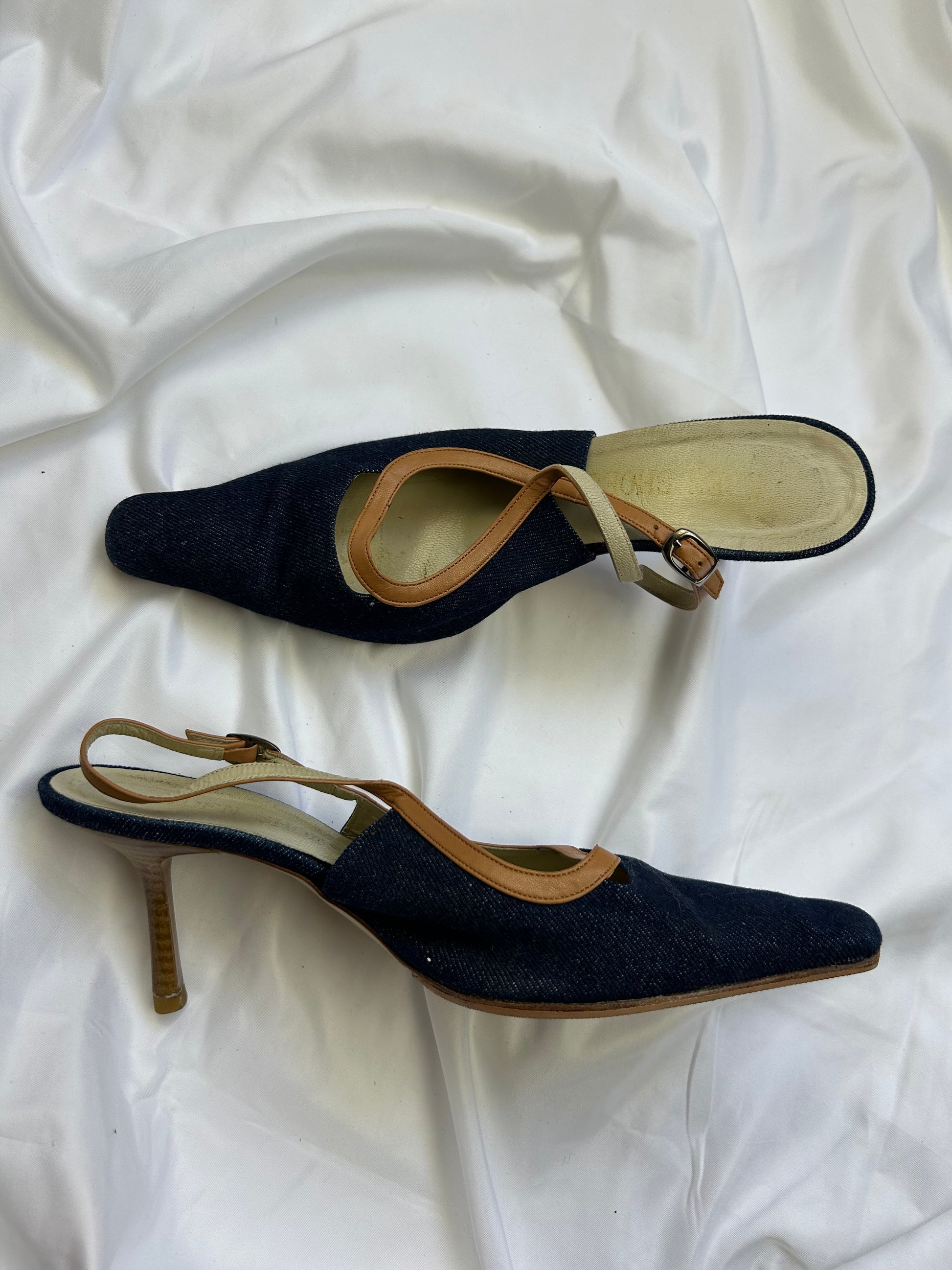 Navy denim pointed toes kitten heels shoes (38)