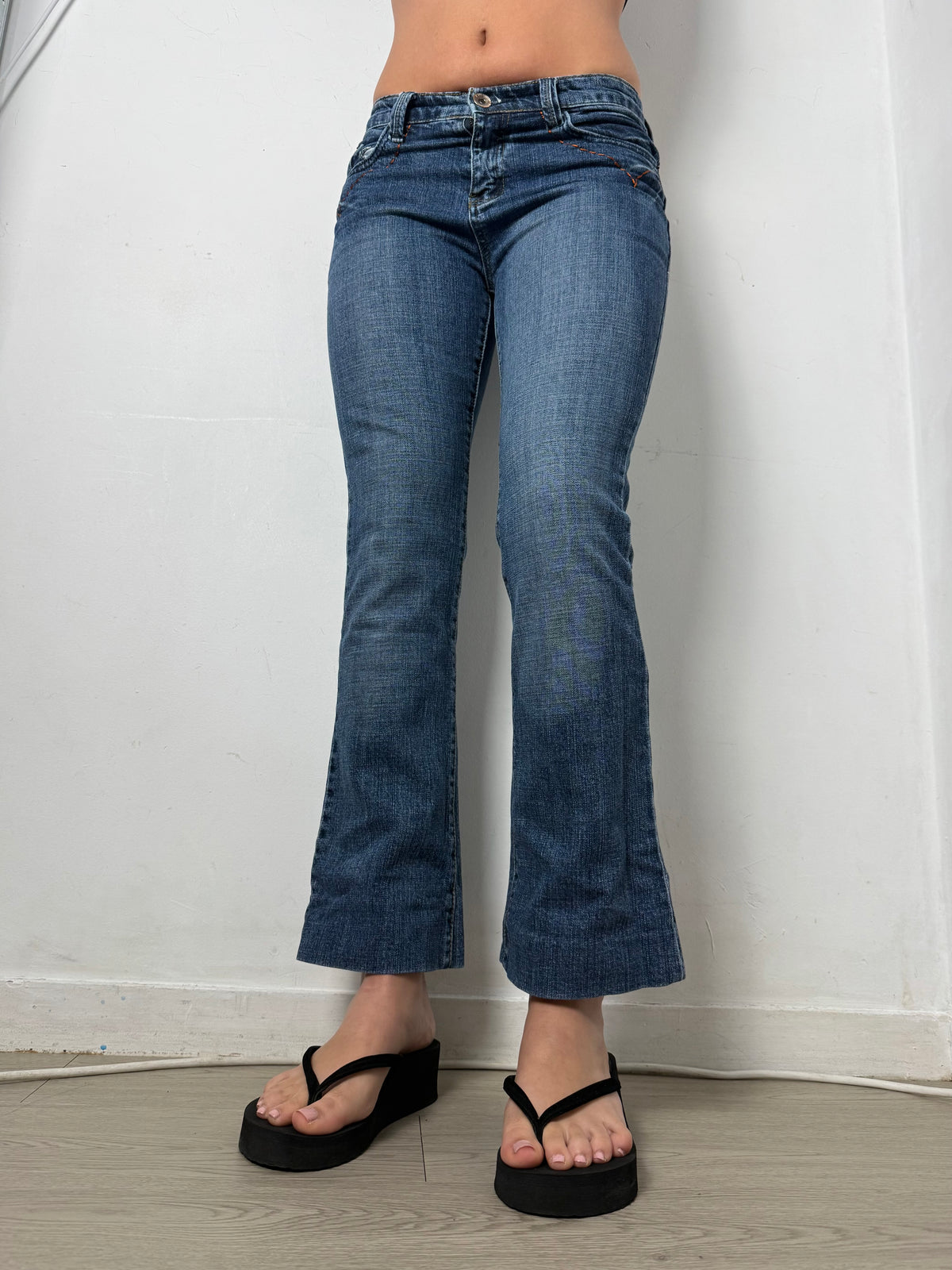 Blue denim low rise bootcut pants (XS)