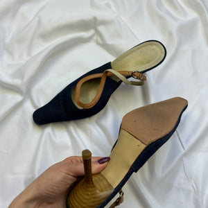 Navy denim pointed toes kitten heels shoes (38)
