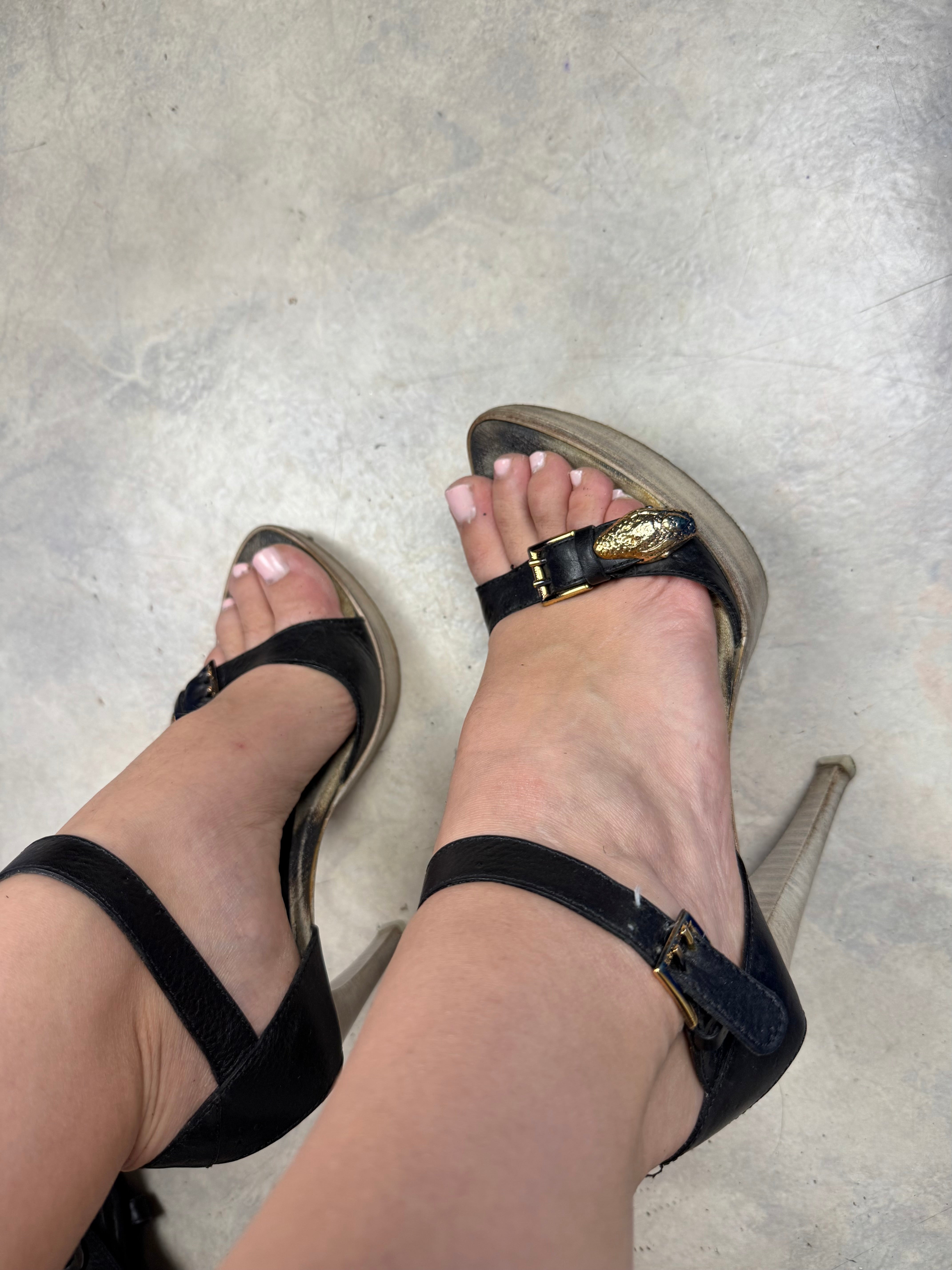 Gold snake buckle real leather heels (36)