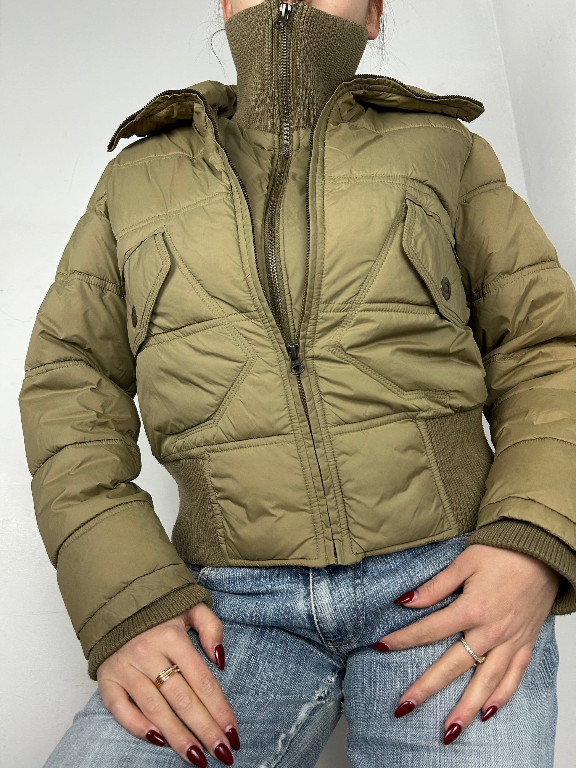 Beige zip up biker puffer jacket (S/M)