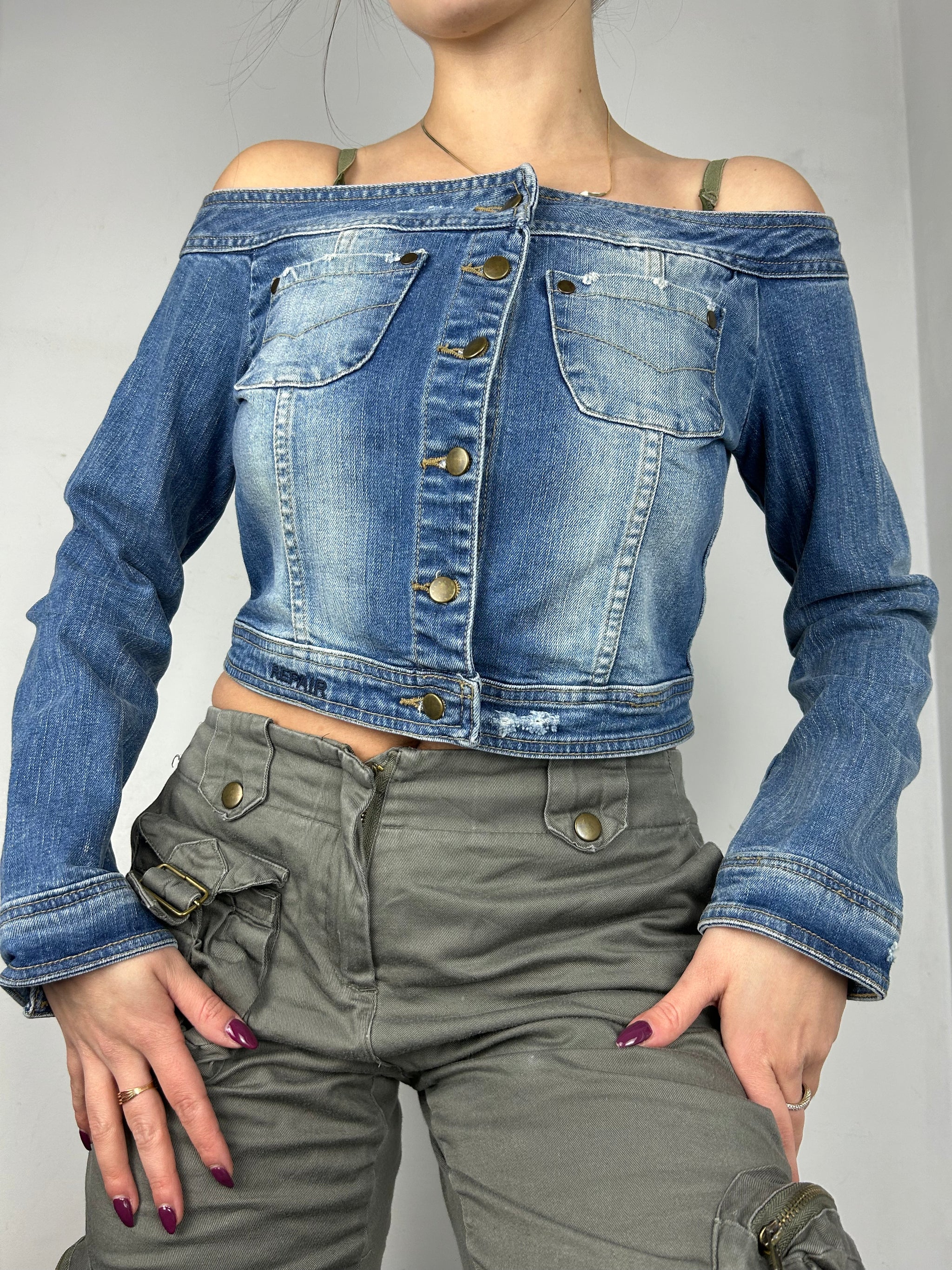 Denim off shoulder jacket (S)