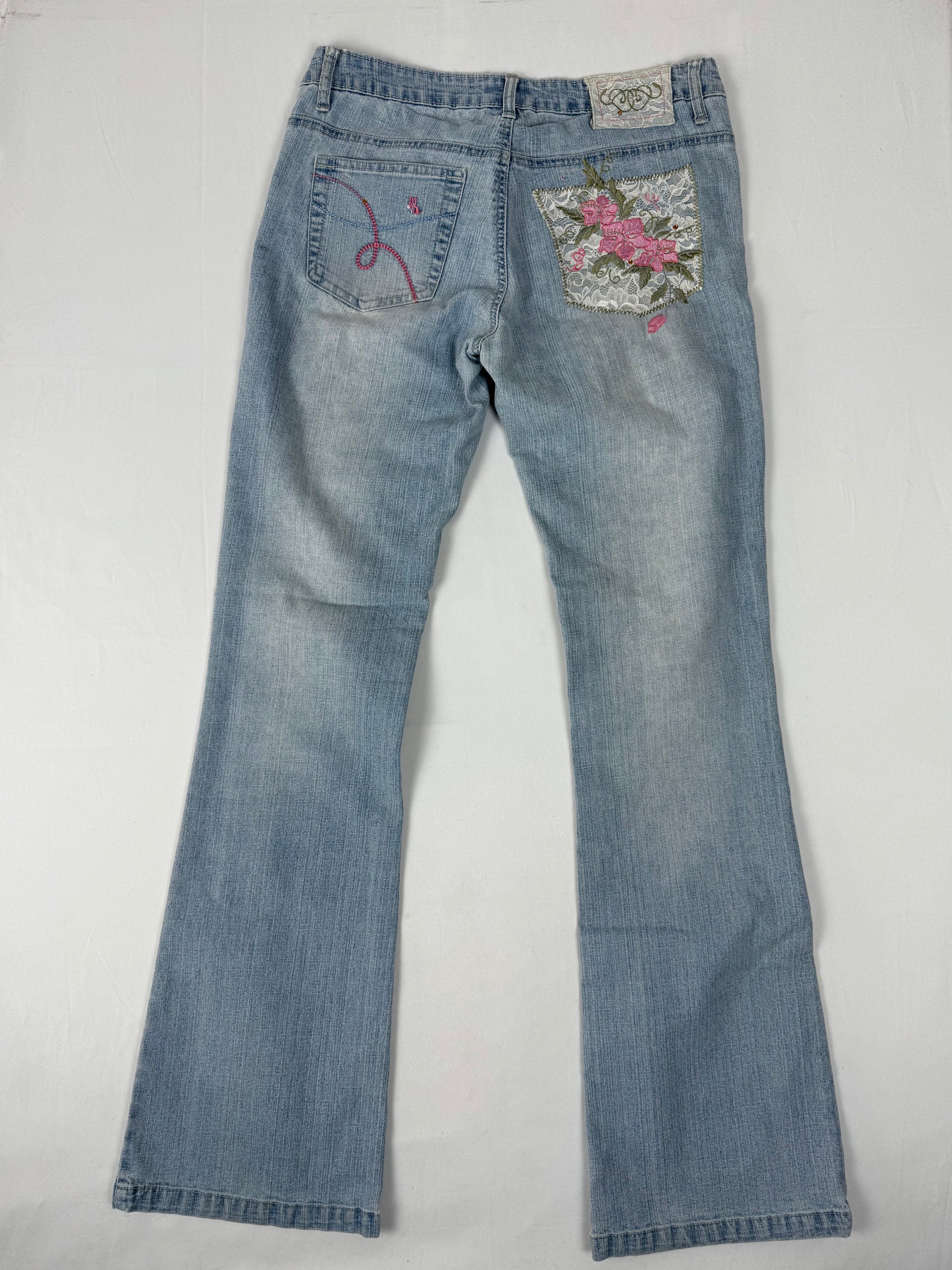 Blue denim low rise flare pants (M)