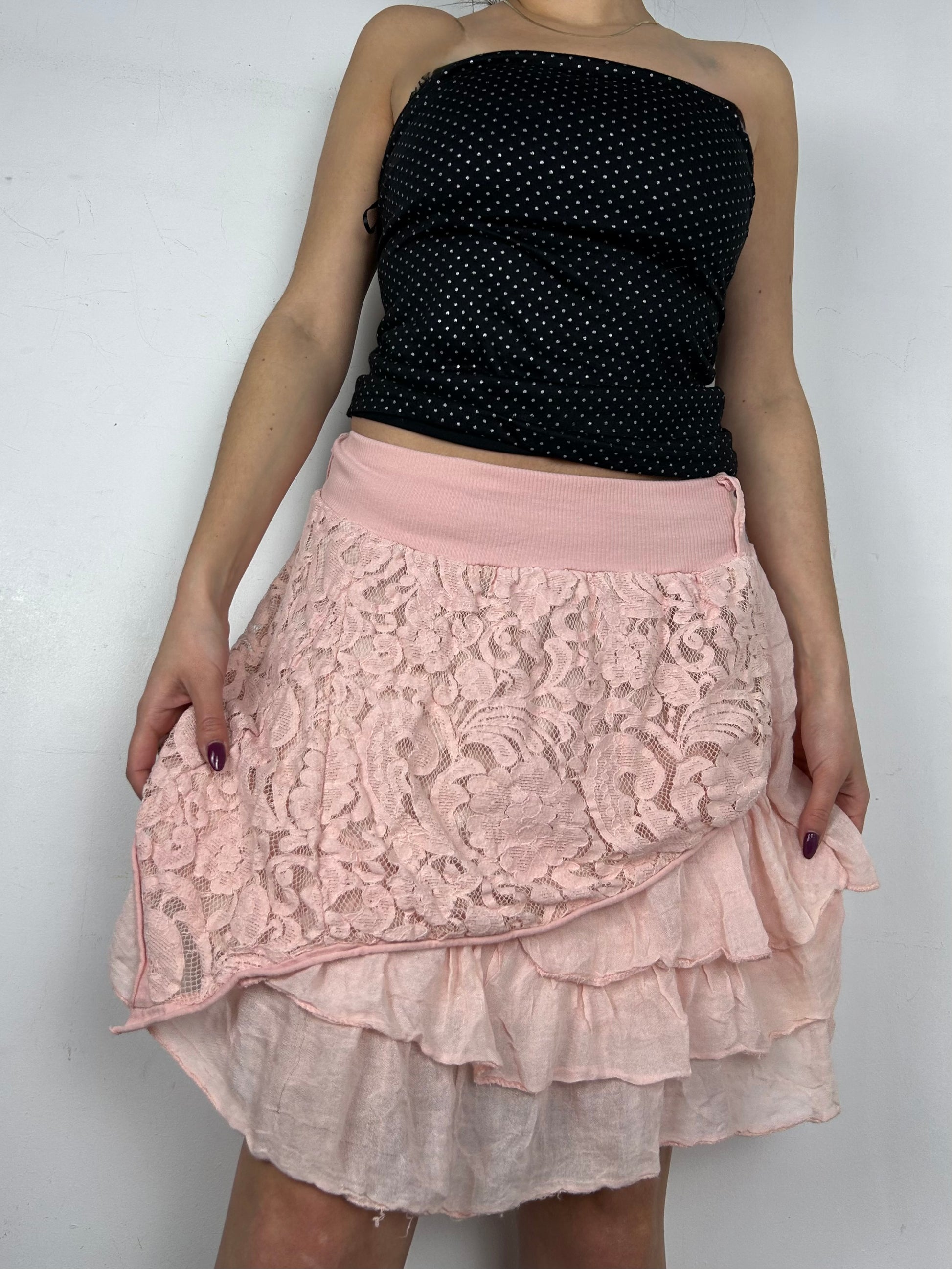 Baby pink lace pleated mini skirt (S/M)