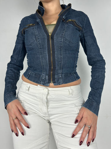 Blue denim zip up biker jacket (XS)