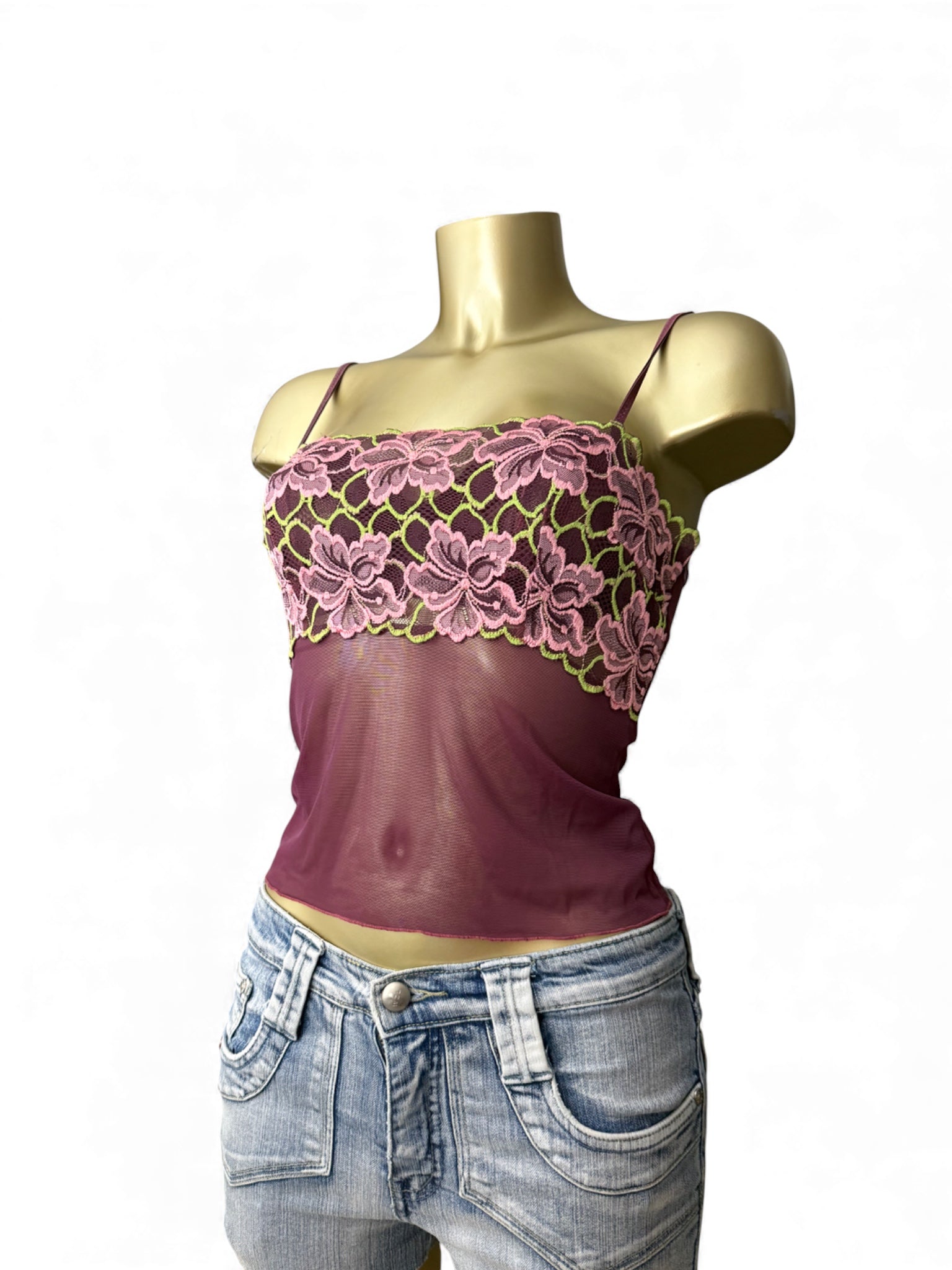Purple mesh floral bustier babydoll top (S)