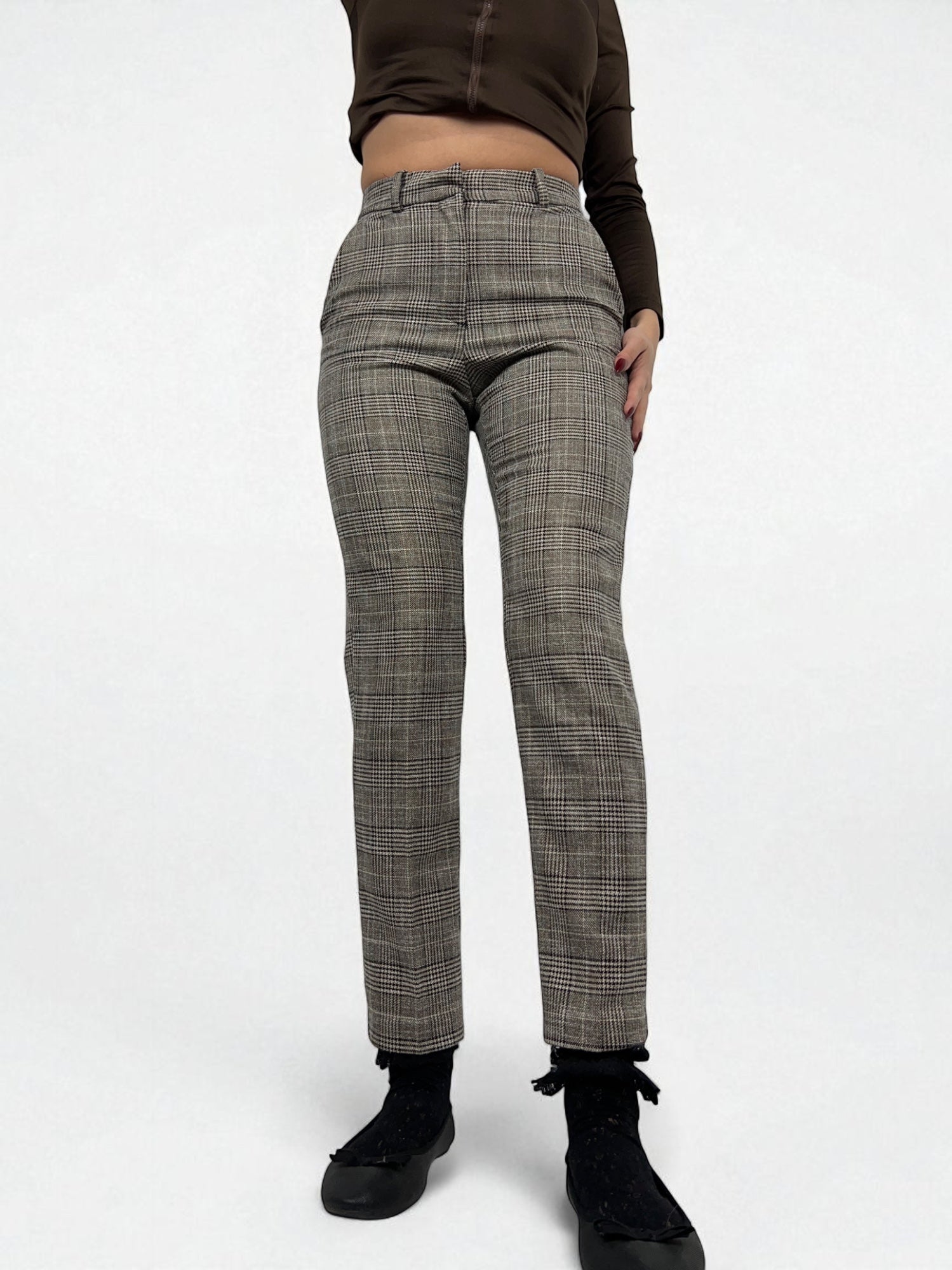 Beige check print office pants (S)