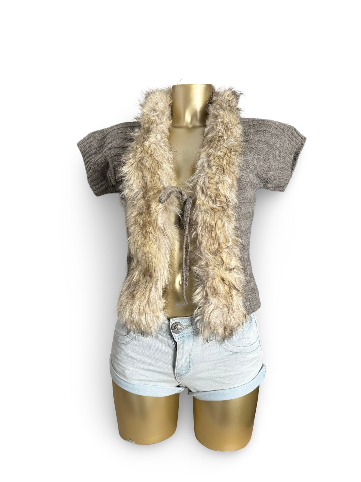 Khaki faux fur trim bolero (S)