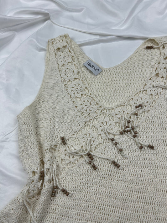 Cream pearls crochet cami top (M)