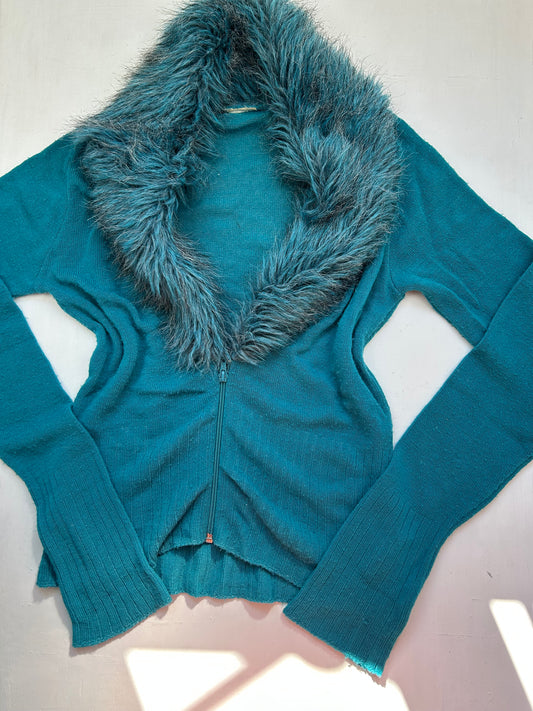 Faux fur neck cardigan jumper (L)