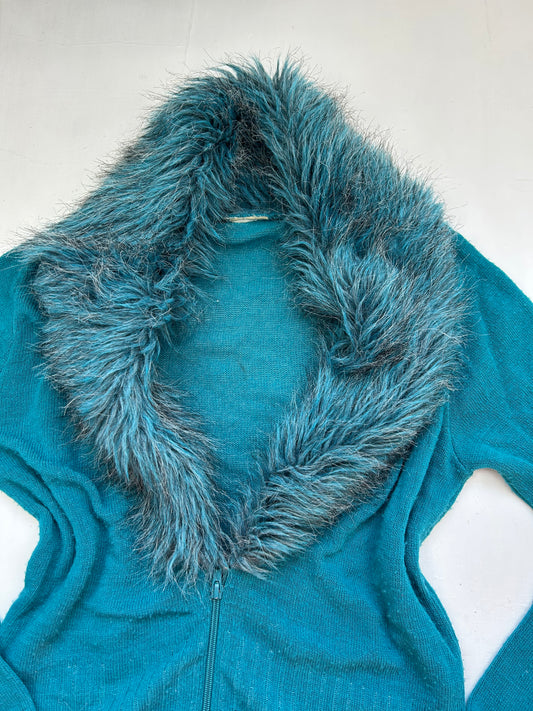 Faux fur neck cardigan jumper (L)
