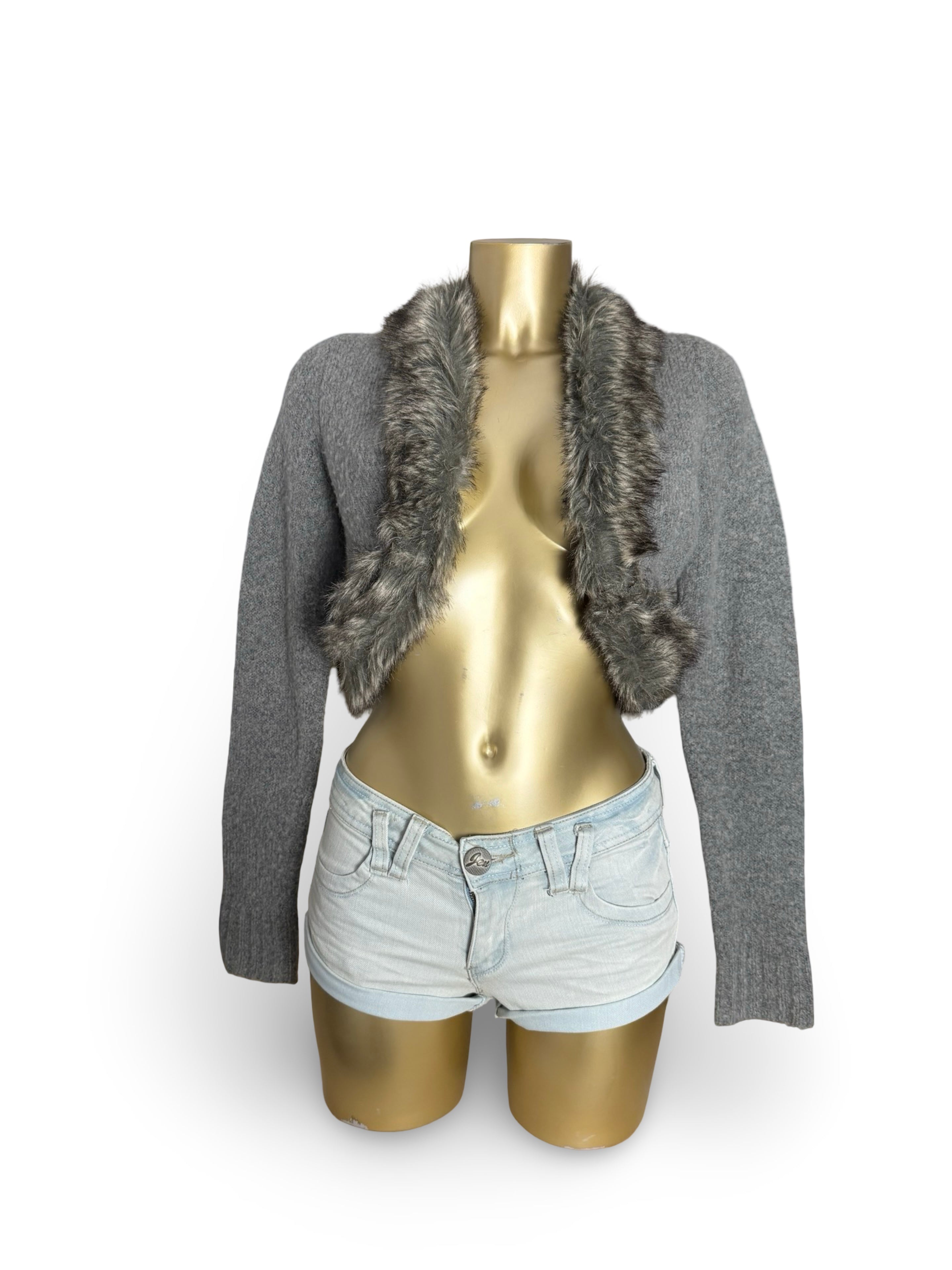 Grey faux fur trim wool bolero top (M)