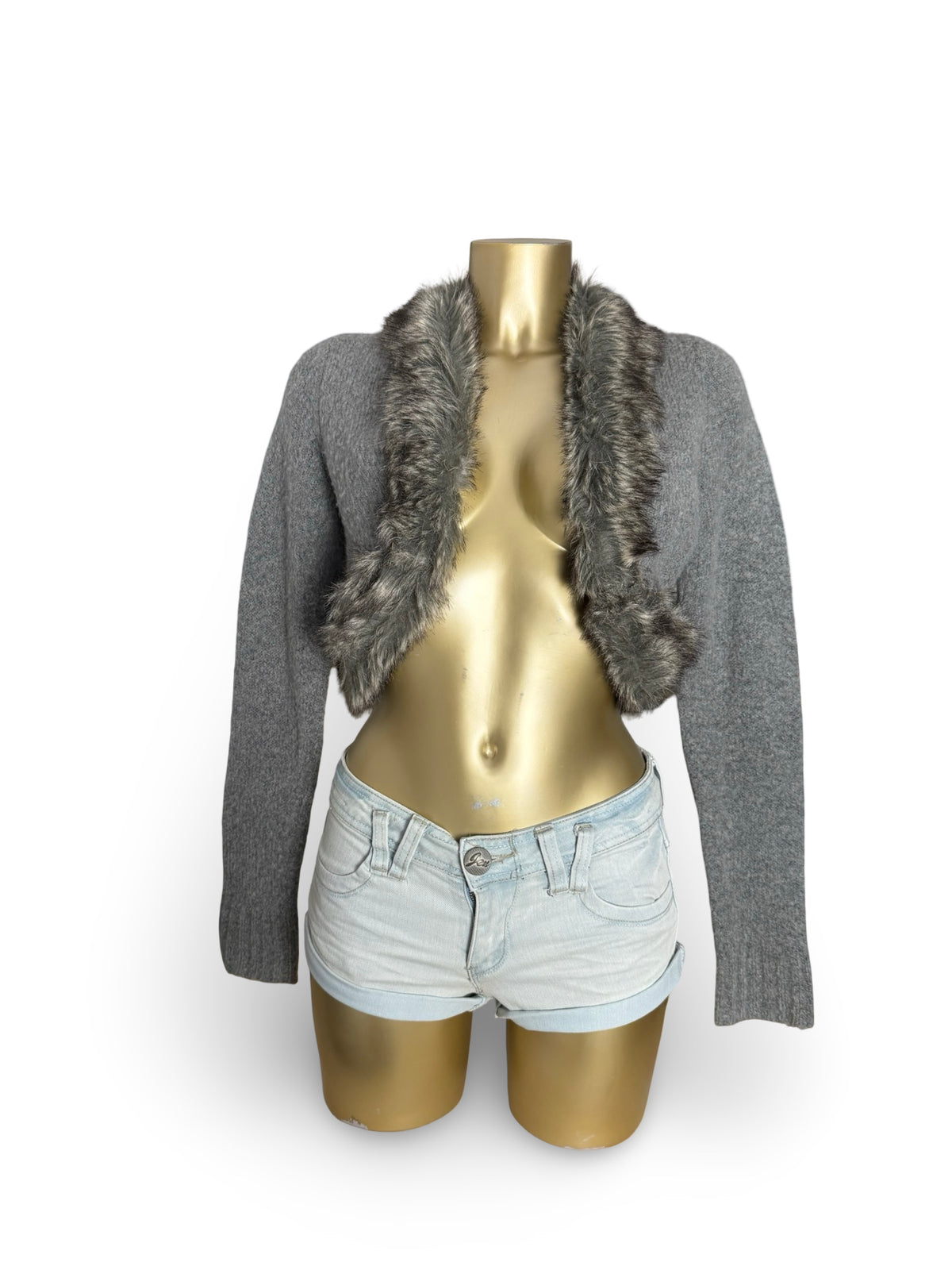Grey faux fur trim wool bolero top (M)