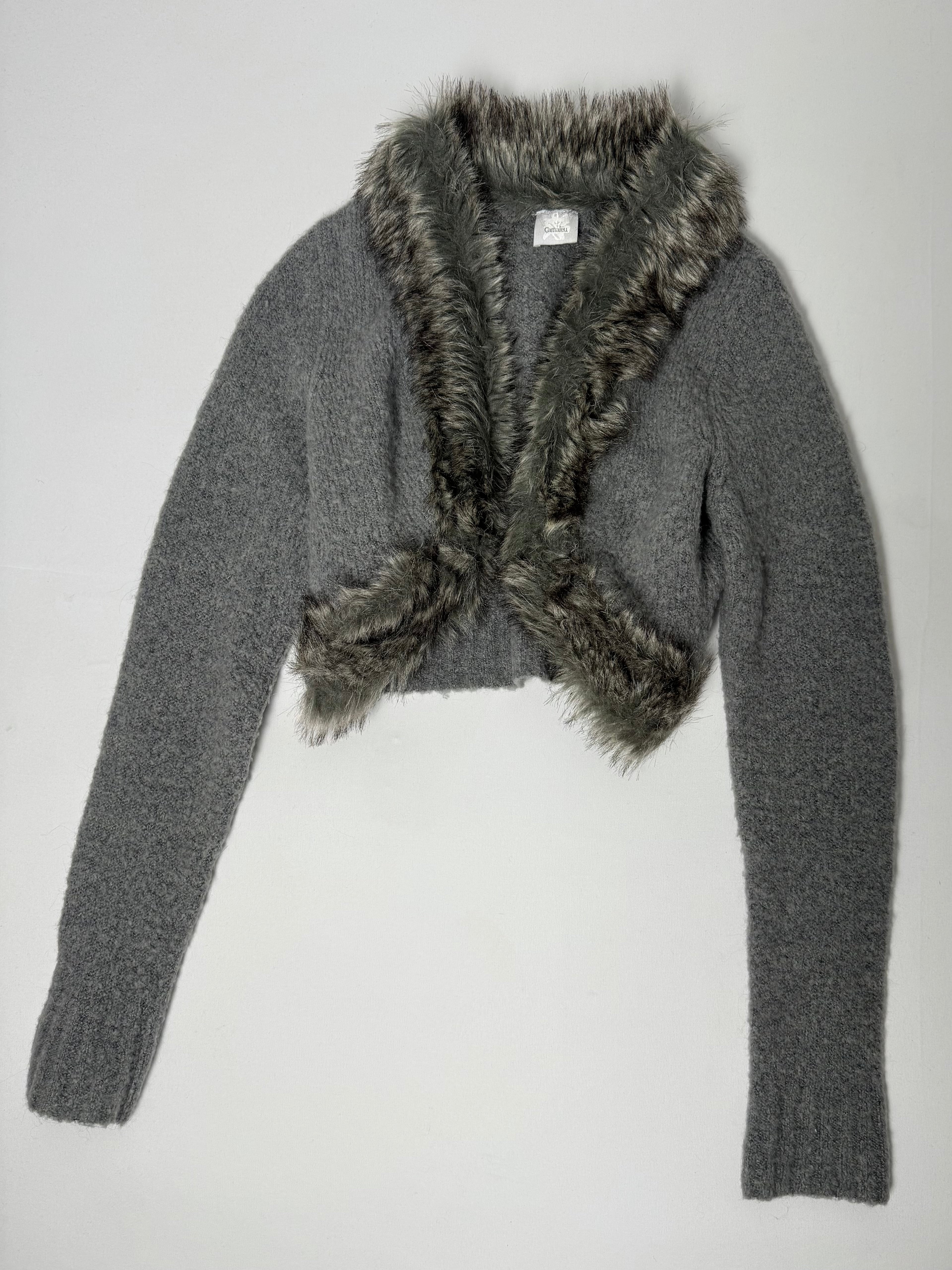 Grey faux fur trim wool bolero top (M)