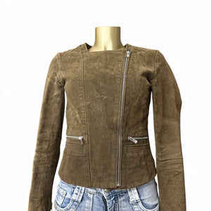 Khaki tight fit suede real leather zip up biker jacket (XS)