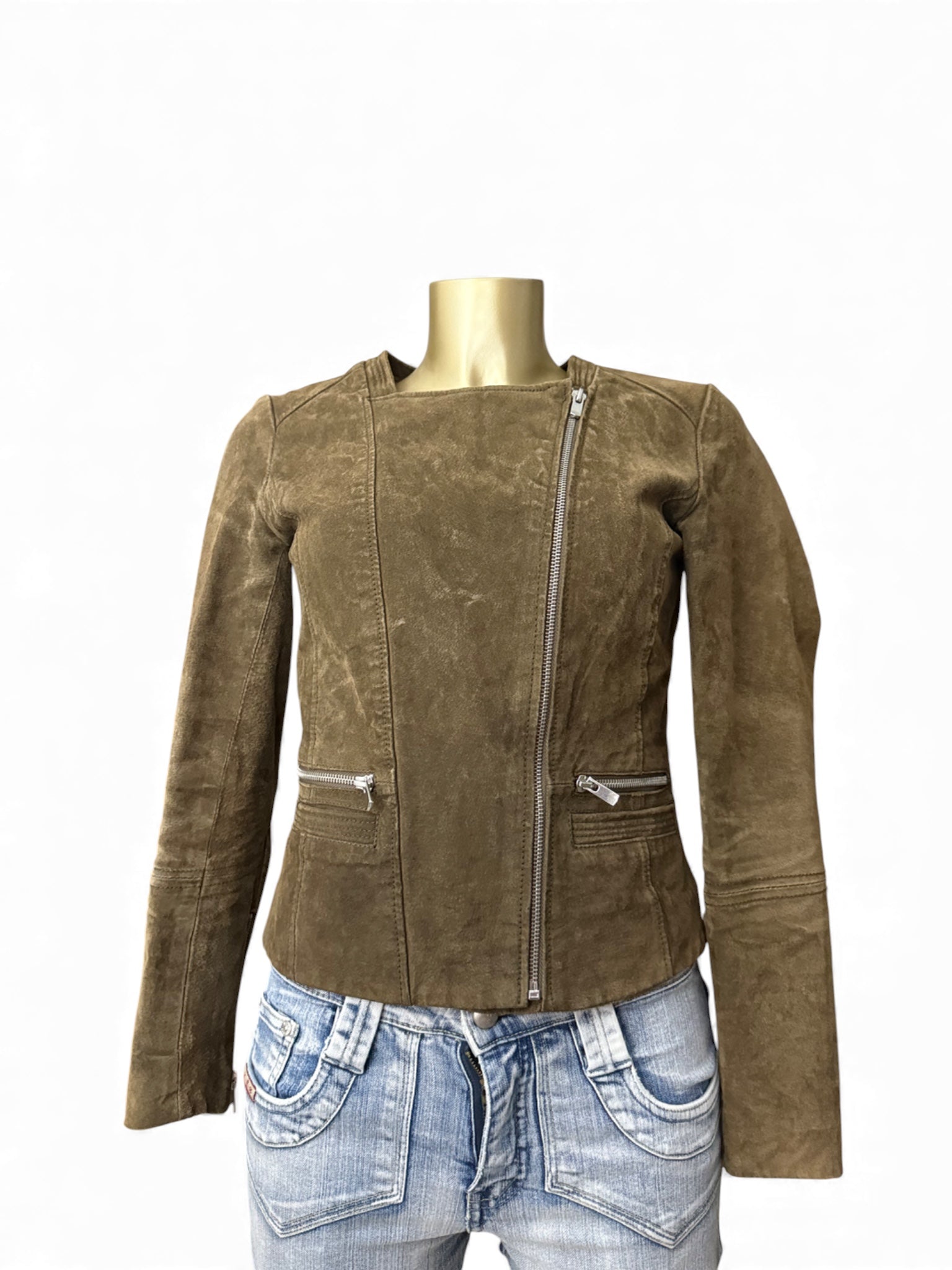 Khaki tight fit suede real leather zip up biker jacket (XS)