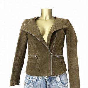 Khaki tight fit suede real leather zip up biker jacket (XS)
