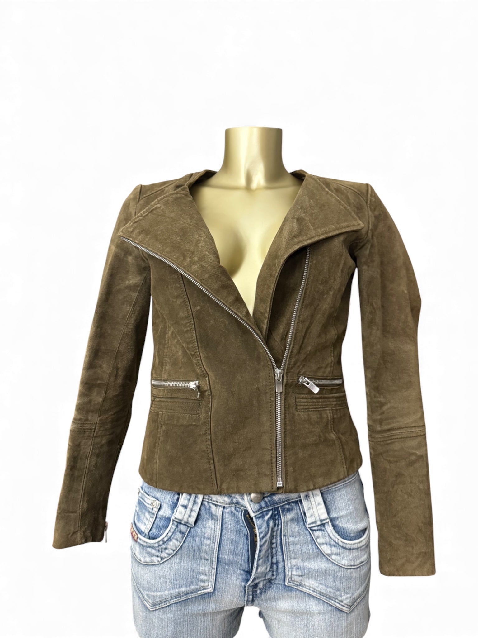 Khaki tight fit suede real leather zip up biker jacket (XS)