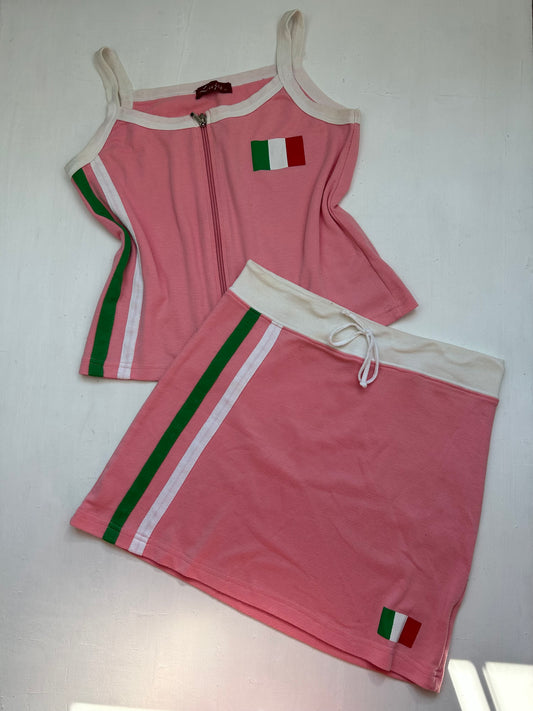 Pink Italia zip up top + mini skirt set (S/M)