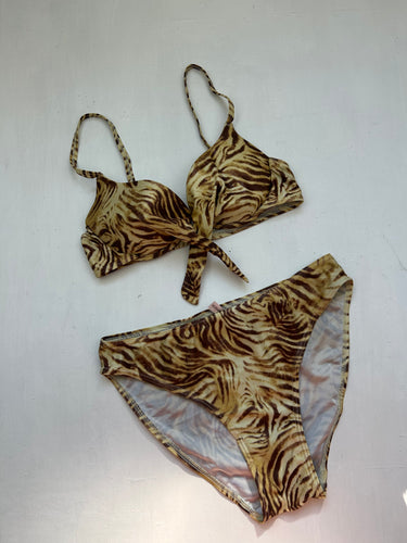 Beige tiger print mid rise bikini set (M)