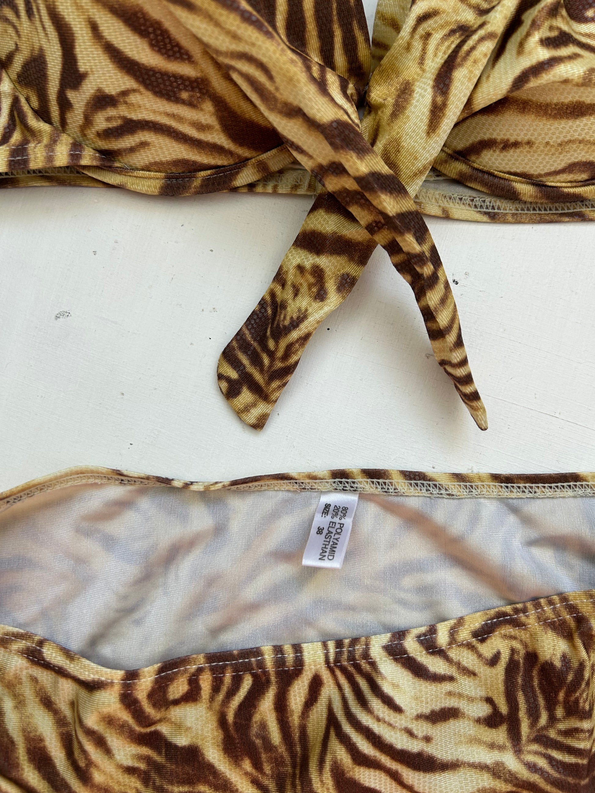 Beige tiger print mid rise bikini set (M)