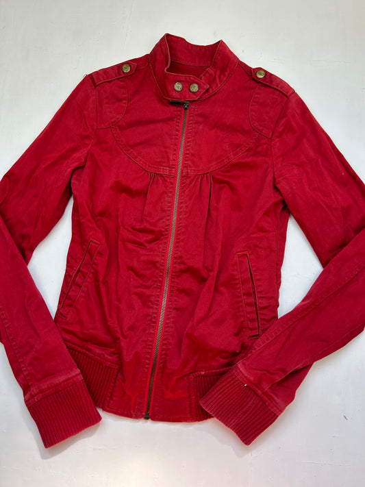 Red denim zip up biker jacket (S)