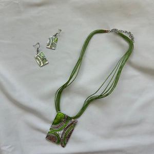 Green cord pendant necklace + earrings set