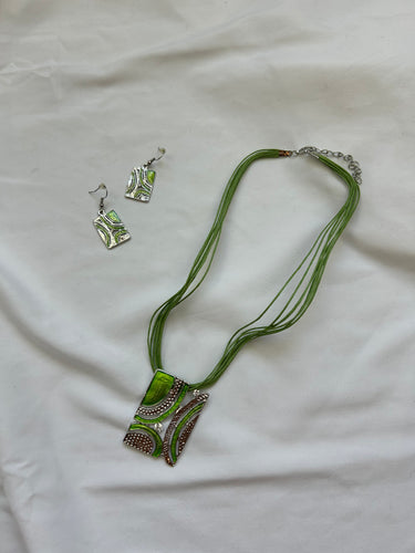 Green cord pendant necklace + earrings set