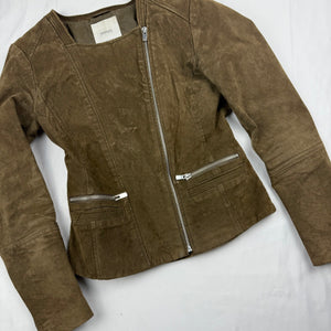 Khaki tight fit suede real leather zip up biker jacket (XS)